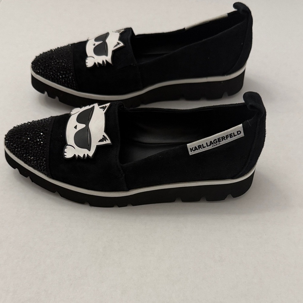 Karl Lagerfeld Black Cat Graphic Crystal-Toe Slip-On Flats - Picture 2 of 7